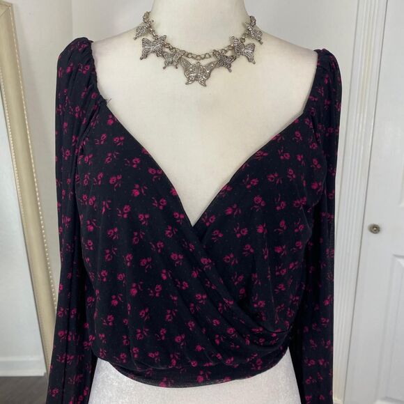 Free People Black Pink Micro Mesh Boho Floral Flower Crop Cropped Blouse Top XS - Picture 5 of 9